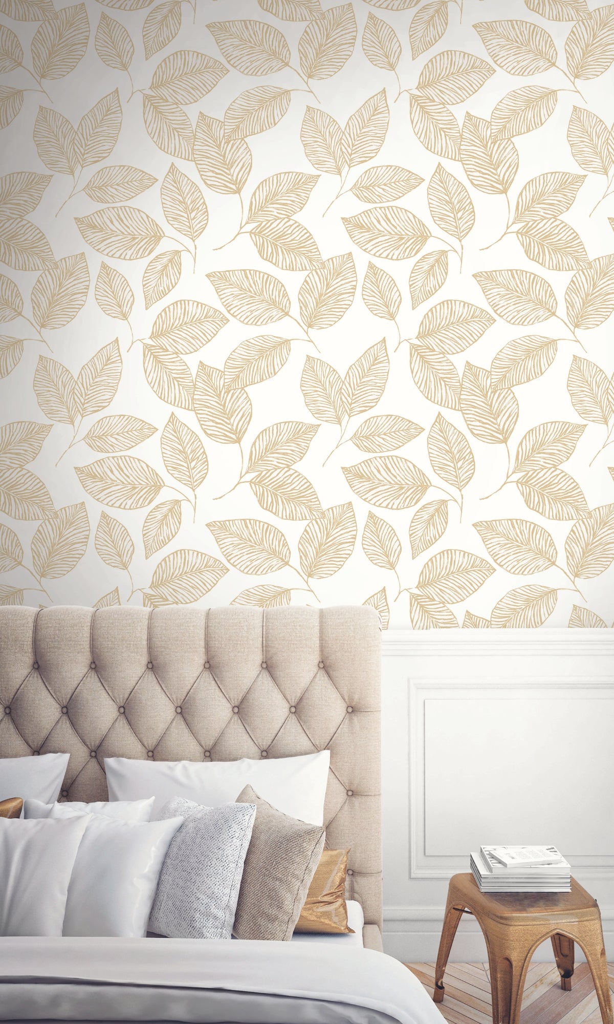 Stunning Khaki-Colored Hand-Painted Tropical Leaves Wallcovering R8518