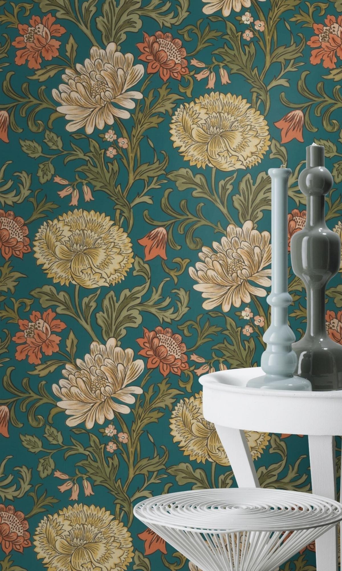 Vibrant Multi-Color Bold Leaves and Flowers Botanical Wallpaper R7754