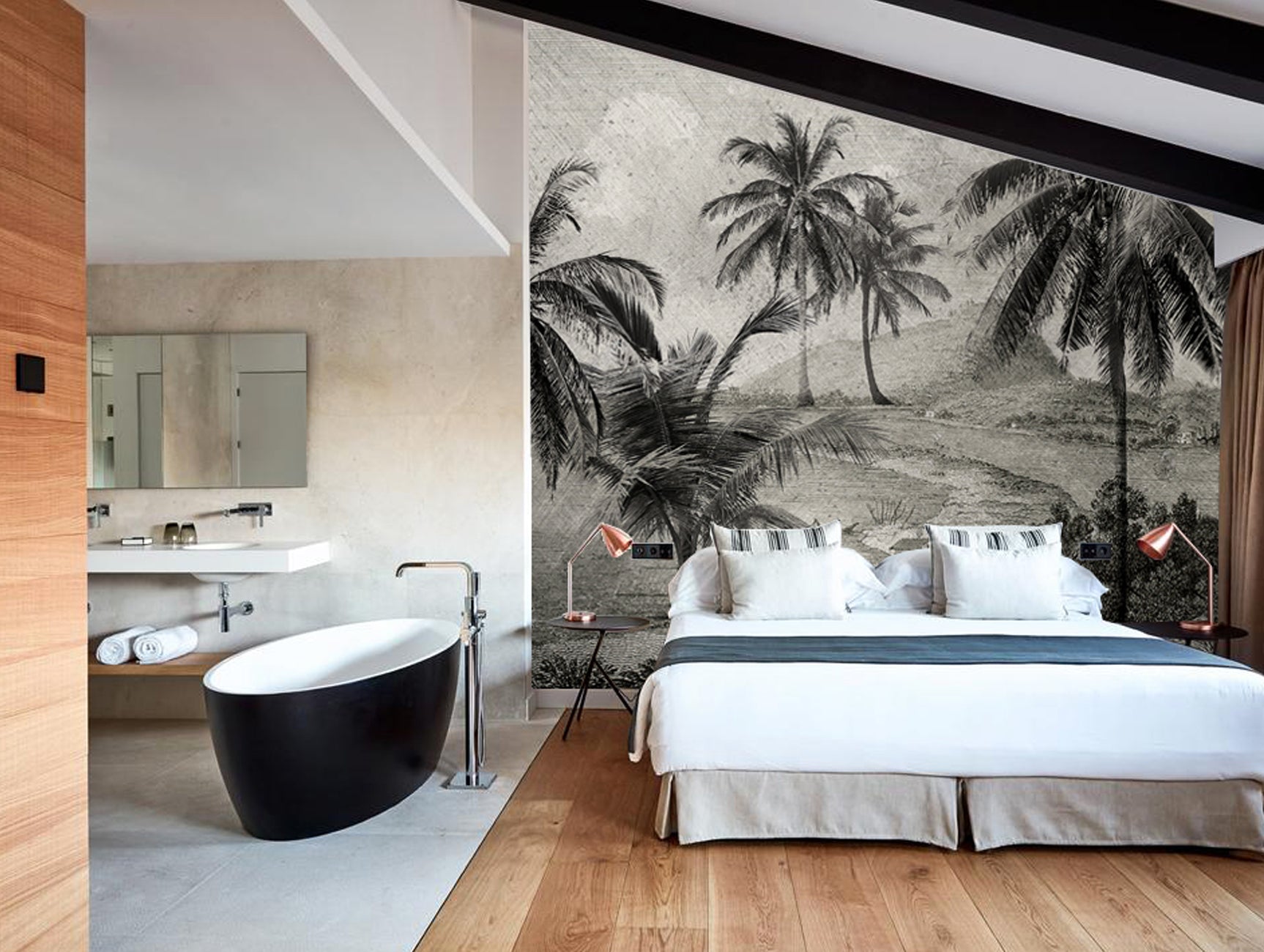 Striking Black and White Palm Road Mural Wallpaper M1172