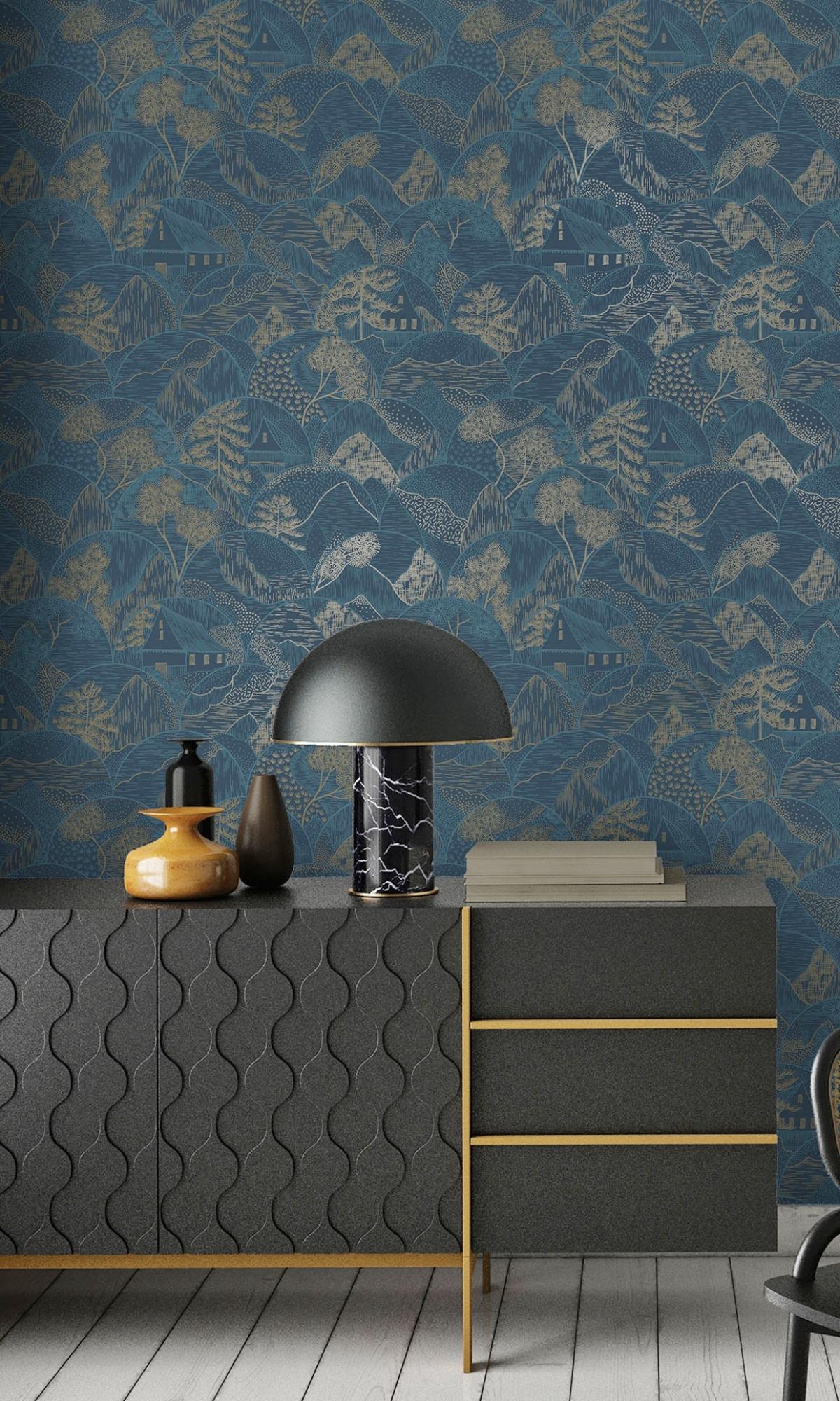 Navy-colored Tropical and Oriental Style Metallic Wall Wallpaper R7706