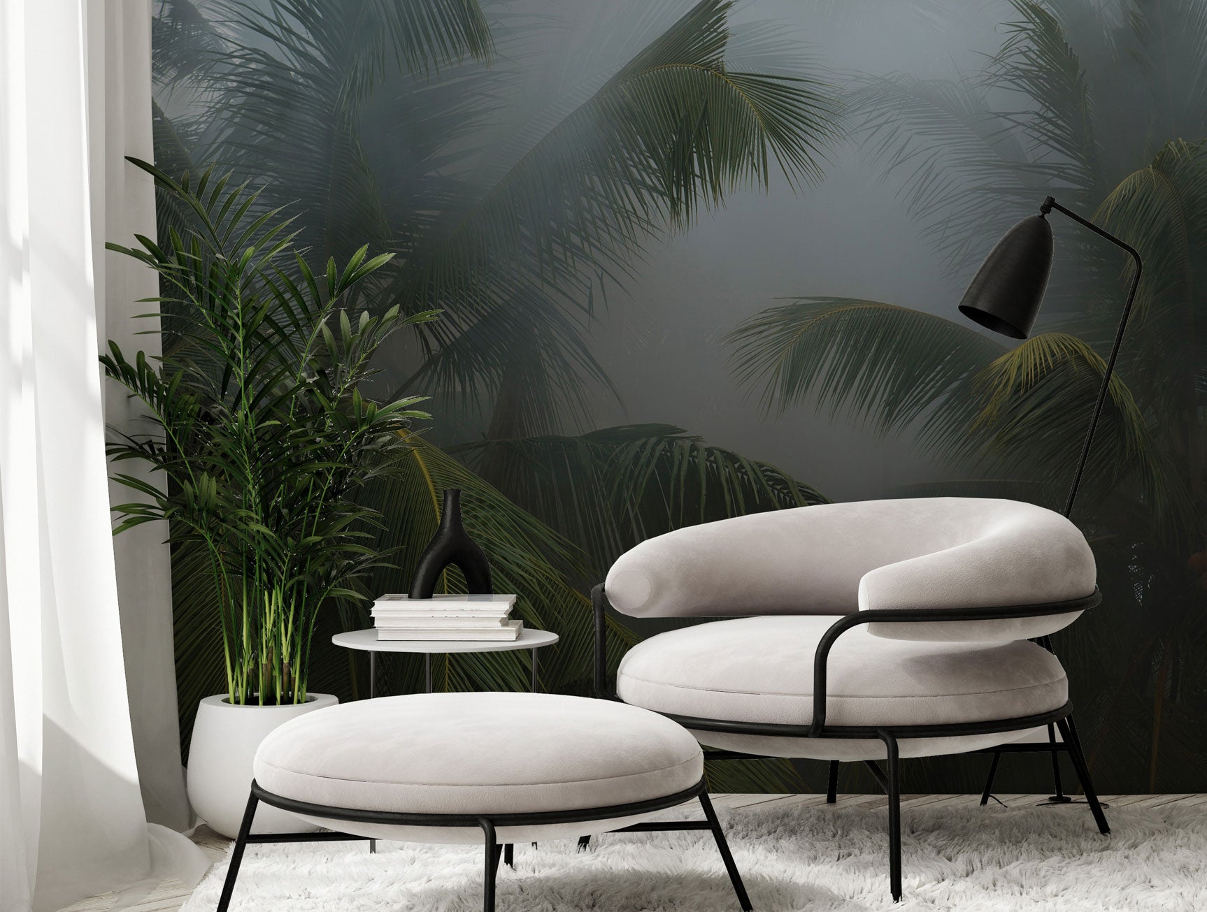 Foggy Green Coconut Trees Mural Wallpaper Design M1139 for Interior Decoration