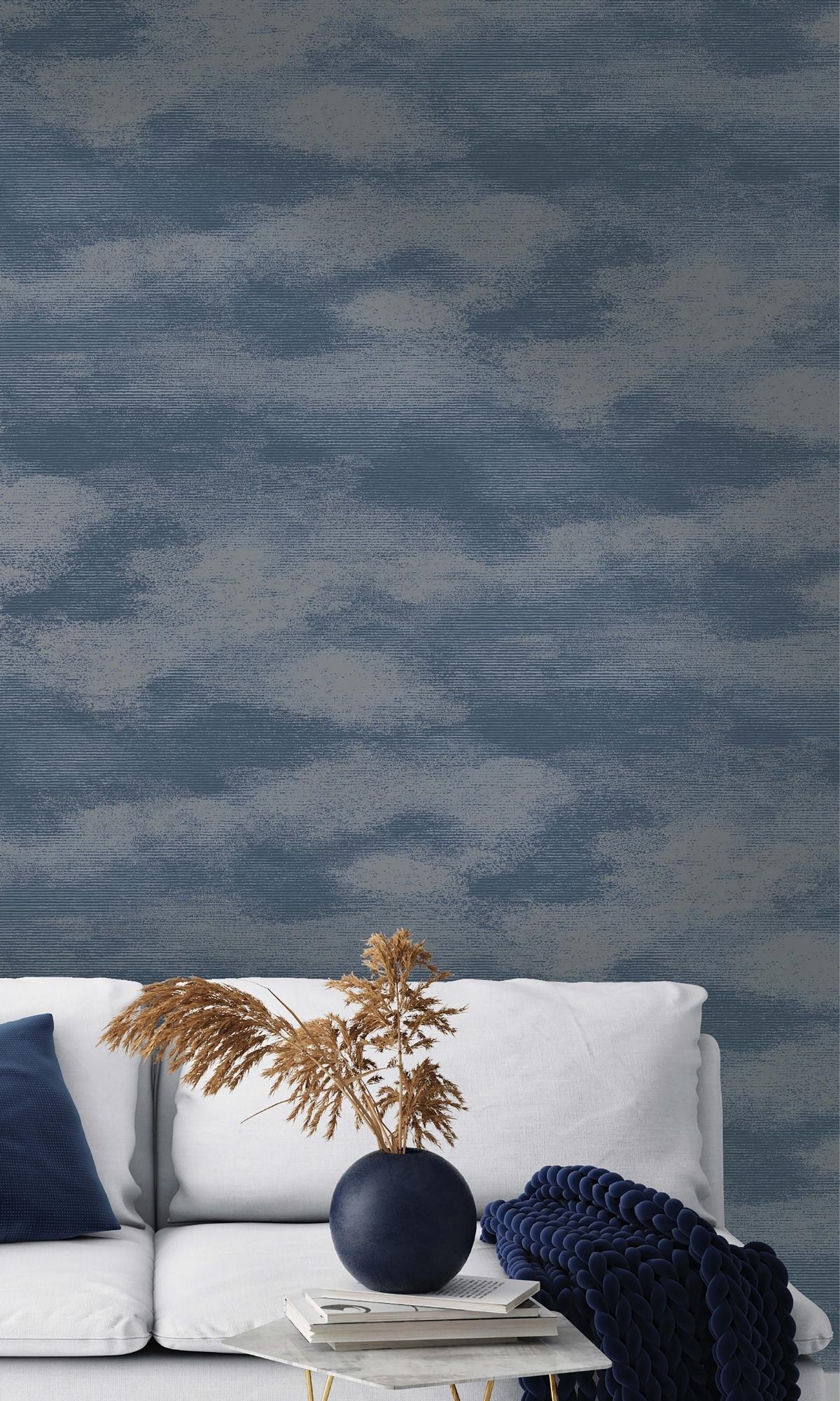 Navy Blue Cloud-shaped Metallic Textured Wall Wallpaper R7700 for Bedroom and Kid's Room