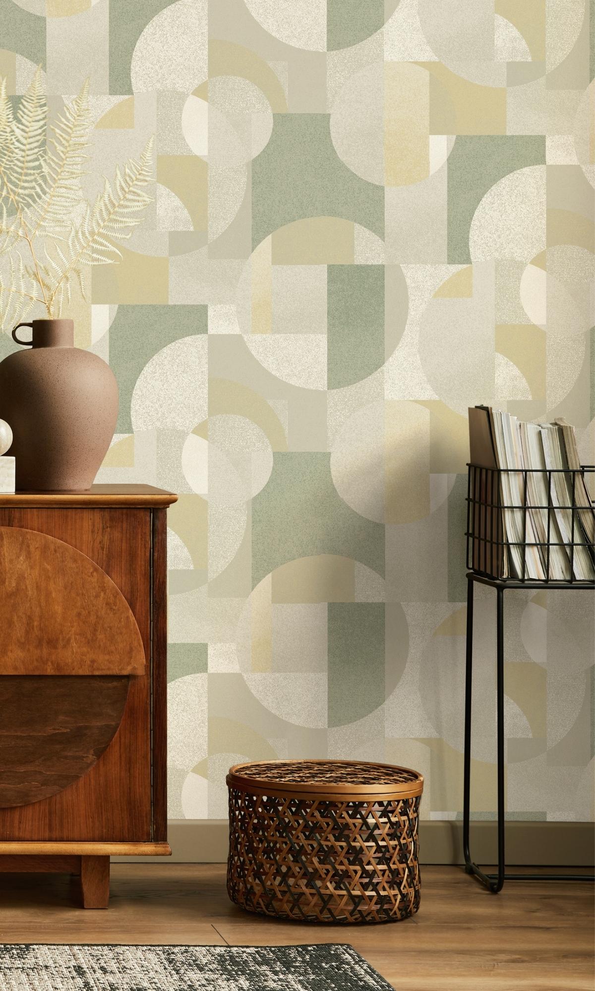 Retro-Style Green Geometric Wallpaper with Abstract Shapes - Model R7698
