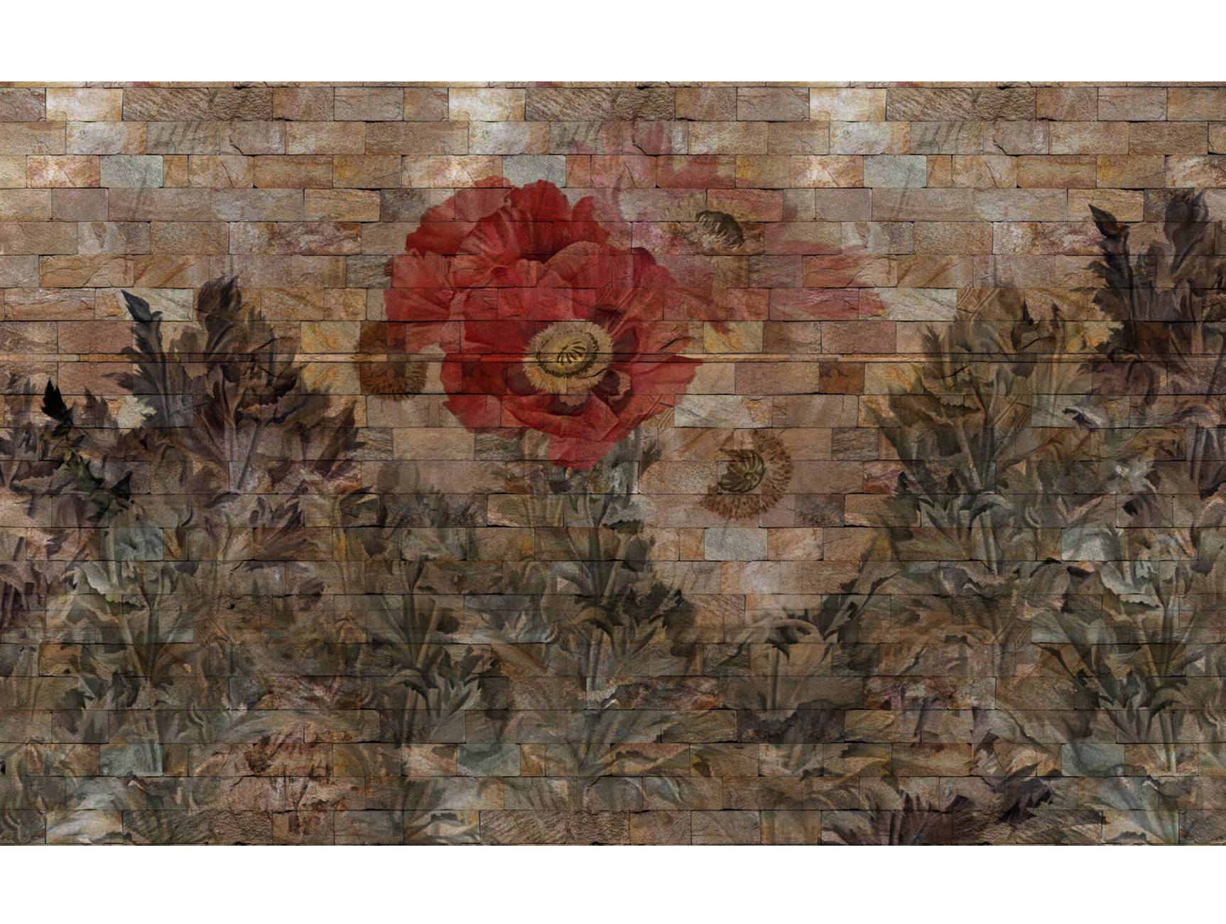 Exquisite Neutral Floral and Bricks Design Mural Wallpaper M1281