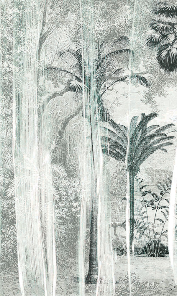 Antique Tropical Digital Print - Engraved Beach Landscape with Large Tropical Trees M9601