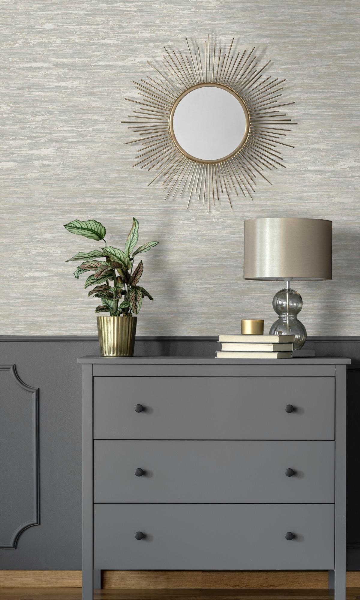 Stylish Grey Textured Metallic Horizontal Striped Wallcovering R7547 for Bedroom and Living Room