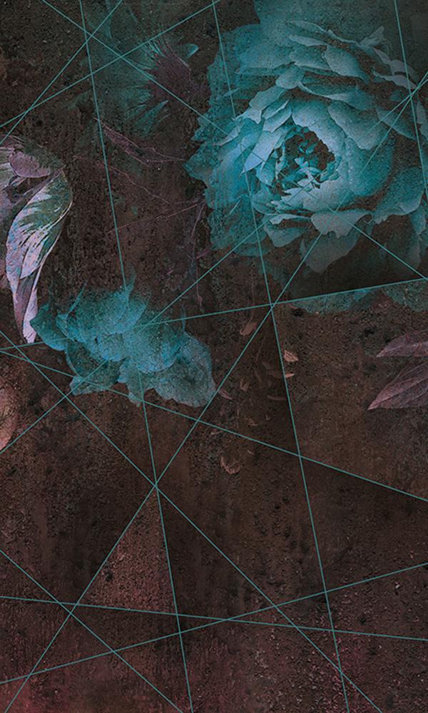 Sample of Large-Sized Blue Lined Floral and Geometric Wall Mural Wallpaper M9558