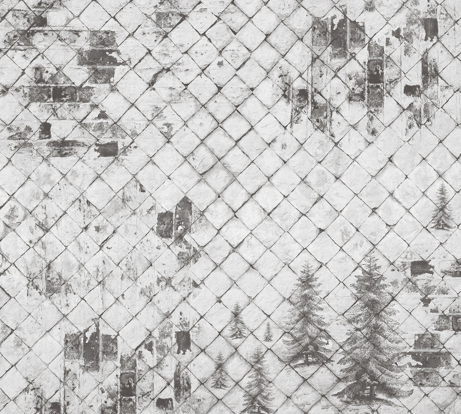 Modern Black and White Woodland Geometric Tiled Mural Wallpaper M9230