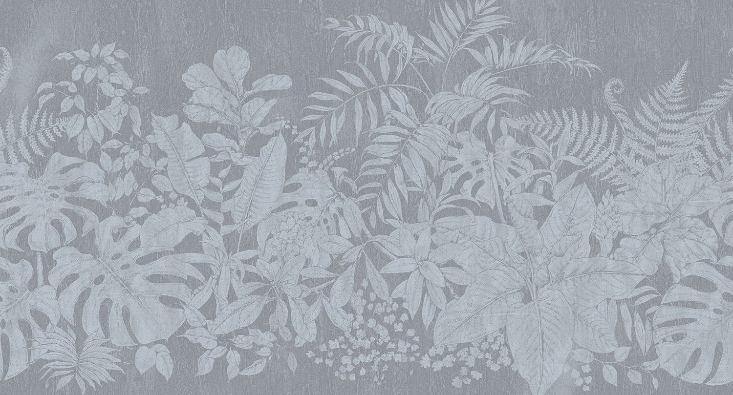 Sample of White-Printed Jungle Leaves Mural Wallpaper on Faux Wood - M9510
