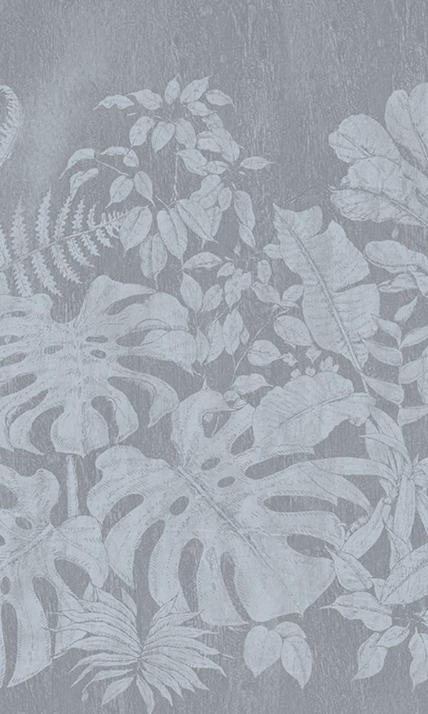 Sample of White-Printed Jungle Leaves Mural Wallpaper on Faux Wood - M9510