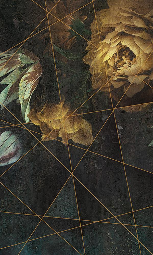 Large-Sized Yellow Lined Floral Decorative Mural Wallpaper M9557 - Sample Piece
