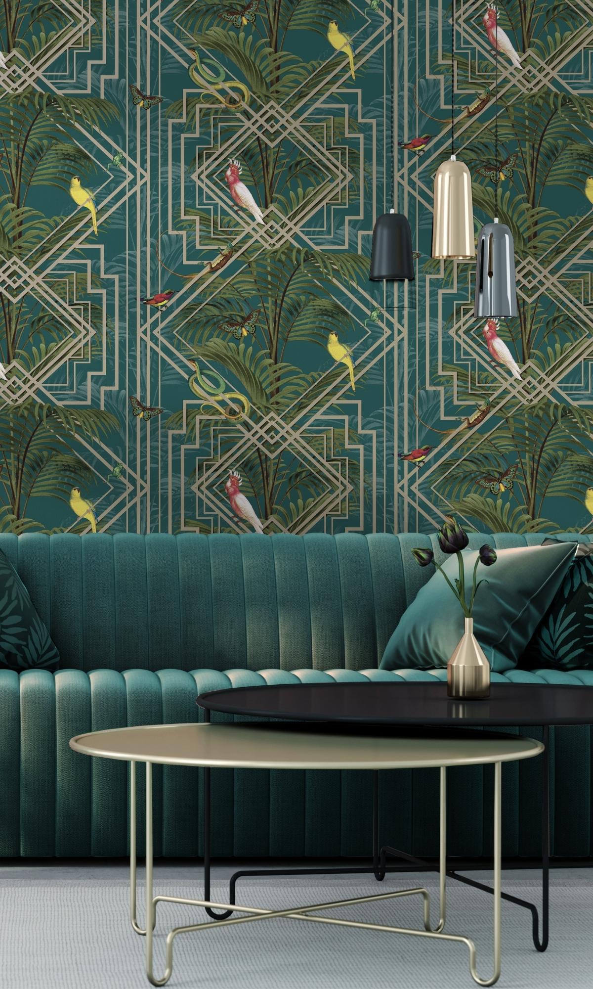 Stunning Turquoise Geometric Art Deco Tropical Wallpaper R7586