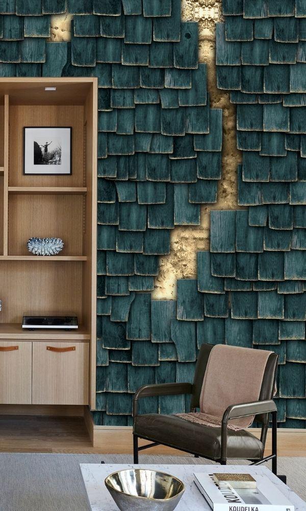 Trendy Teal Wood - patterned Geometric Wallpaper Mural M1055 - Sample for Home Decoration